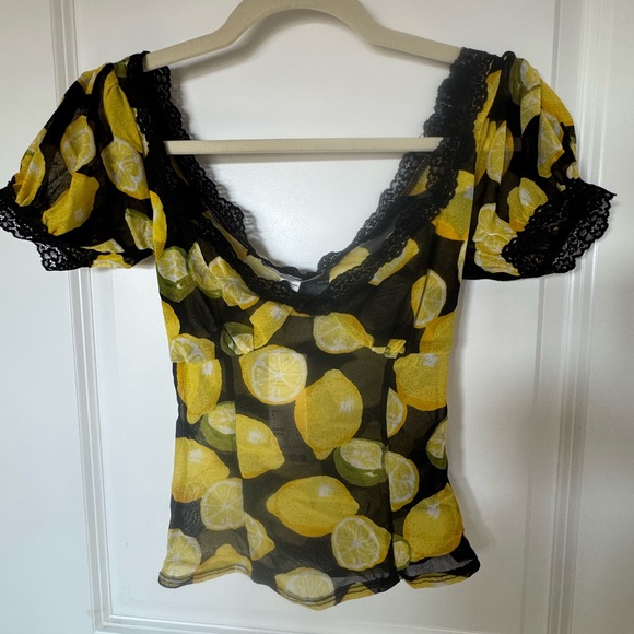 Urban Outfitters Yellow Lemon Print Blouse with Black Lace - Picture 5 of 6